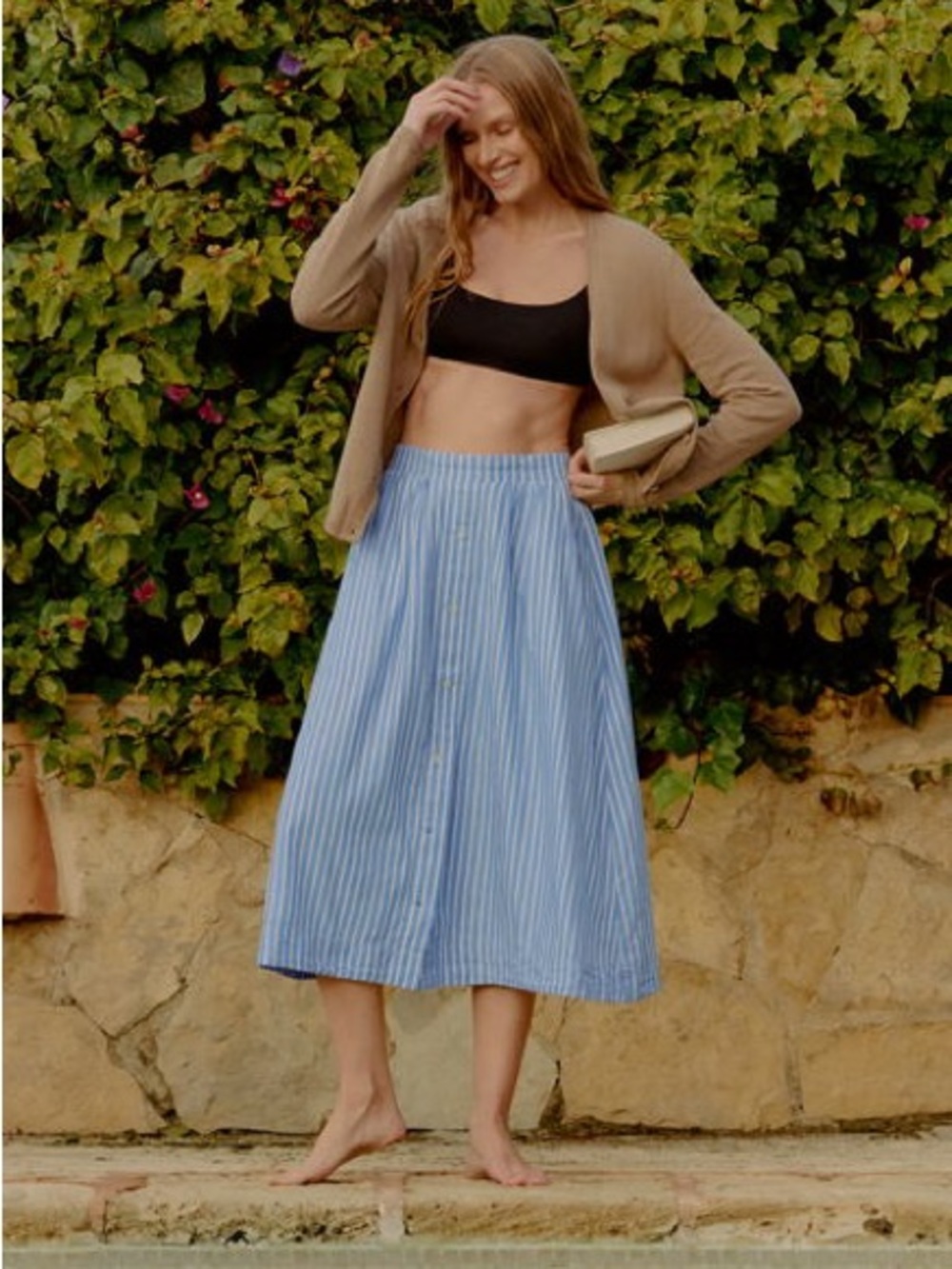 Pact Striped Sunset Organic Cotton Button Front Midi Skirt Blue White Size XL